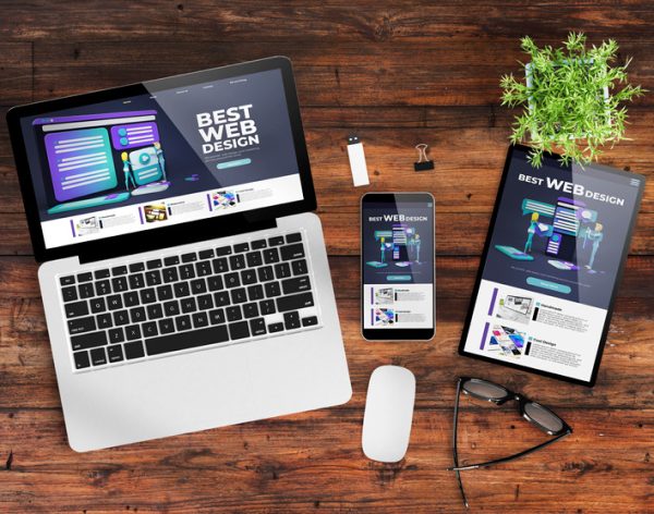 responsive design website responsive design website on devices top view wooden desktop 3d rendering